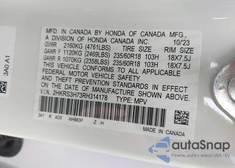2024 Honda Cr-V Ex-L 2Wd z USA, uszkodzony, nr VIN 2HKRS3H73RH314178